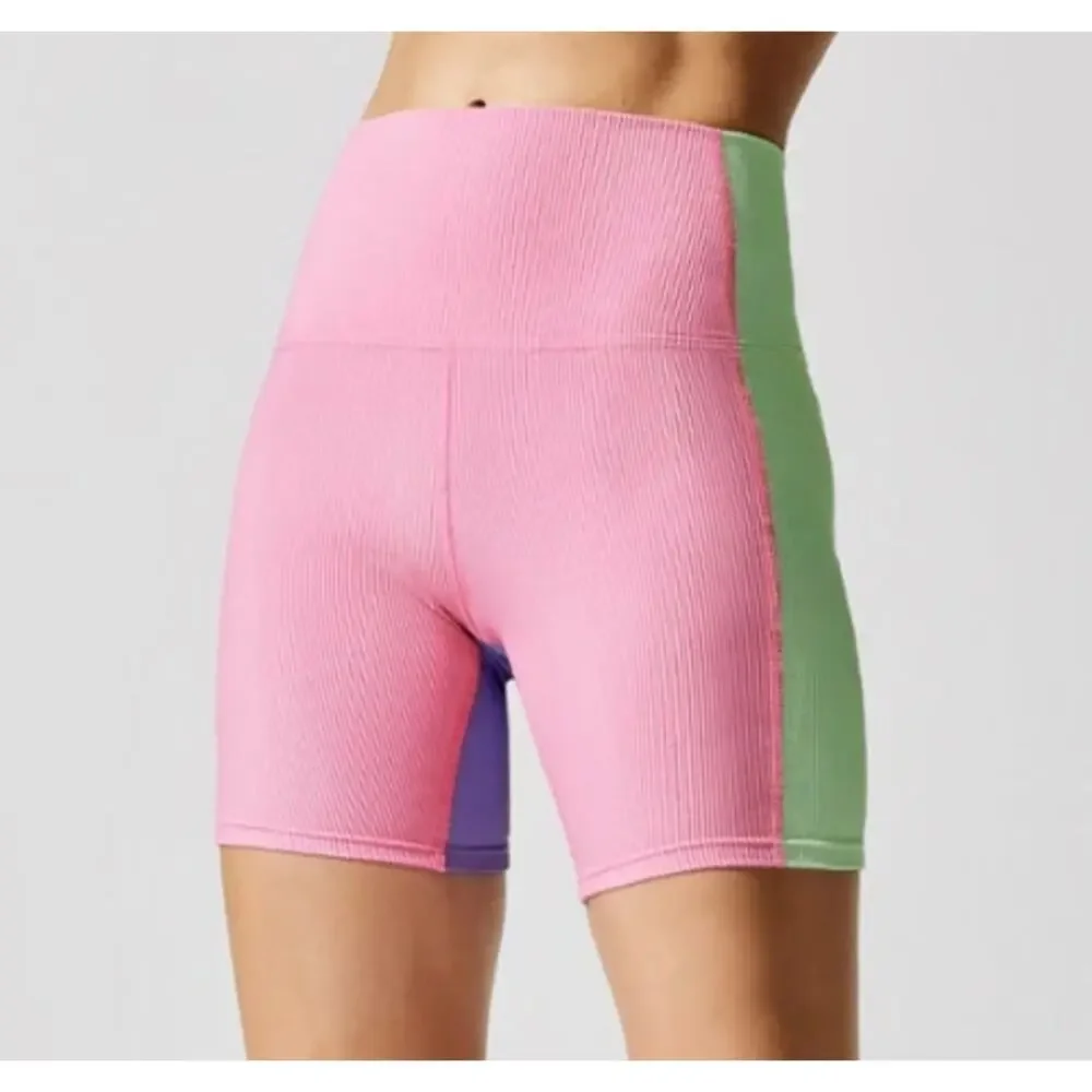 Md Beach Riot Ilene Shorts Colorblock Green Pink Purple USA Made Athleisure Yoga - Picture 1 of 6